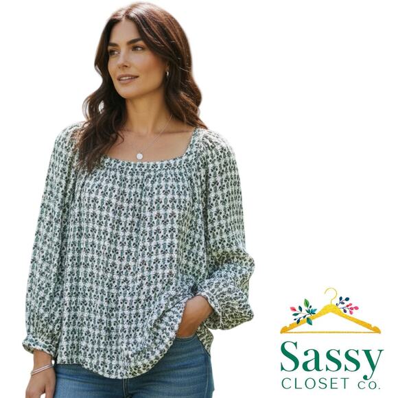 Ann Taylor Tops - Ann Taylor Black White Floral Boatneck Long Sleeve Stretch Blouse Size XL EUC